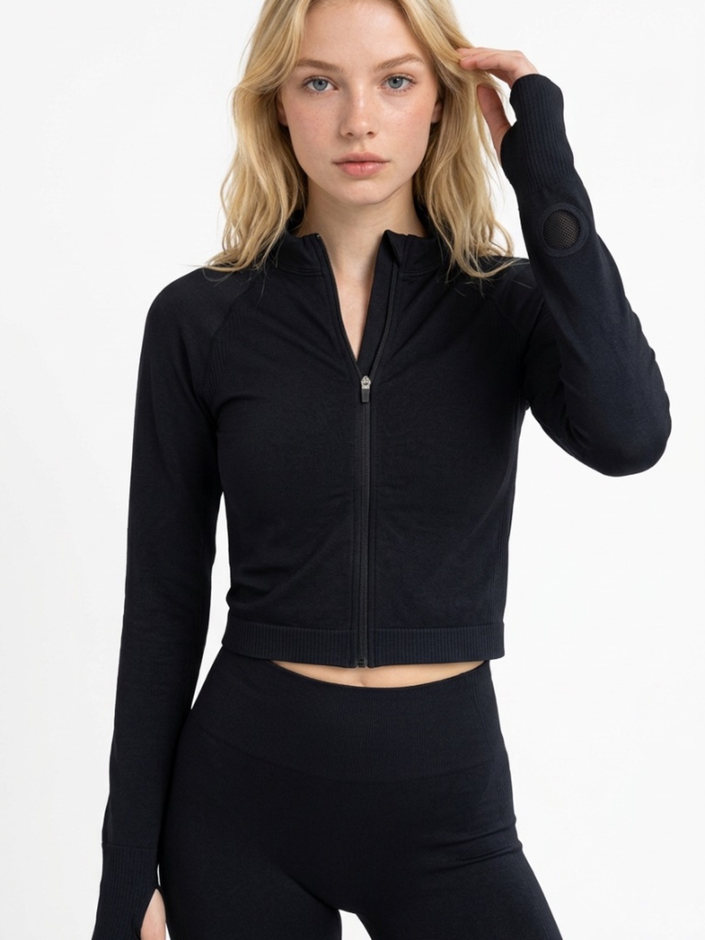 JOYLAB • Black Full Zip Athletic Jacket M Thumbholes Seamless Ribbed Cropped